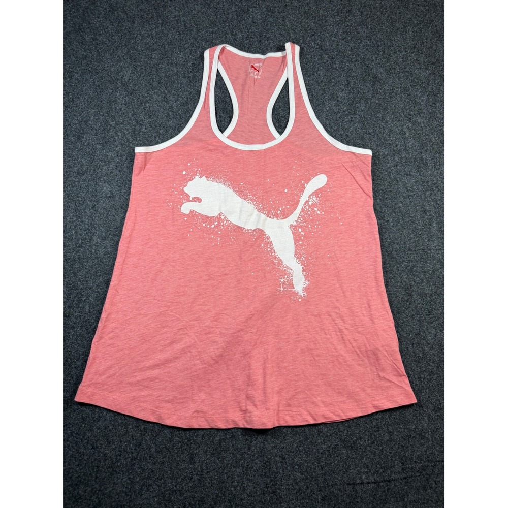 Puma Womens Racerback Tank Top Coral Pink Splatter Logo Cotton Gym Shirt Large